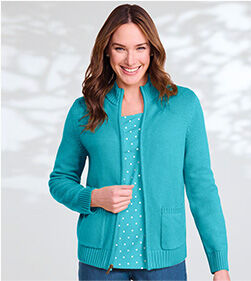 model wearing Bayside Cotton Zip Front Cardigan
