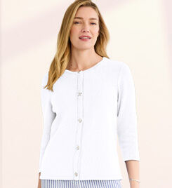 model wearing white cardigan