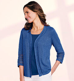 model wearing blue cardigan