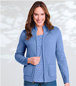 model wearing Bayside Cotton Zip Front Cardigan
