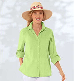 model wearing Crinkled Cotton Solid Shirt