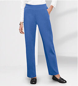 model wearing blue Everyday Knit Straight Leg Pants