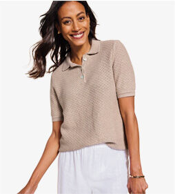 model wearing Linen/Cotton Honeycomb Polo