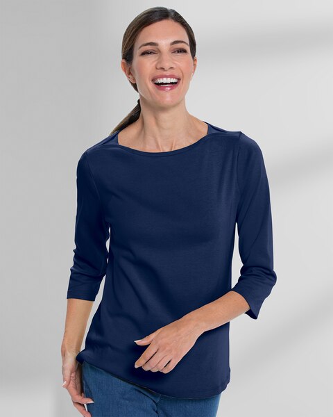 Coastal Cotton Three-Quarter Sleeve Bateau-Neck Tee