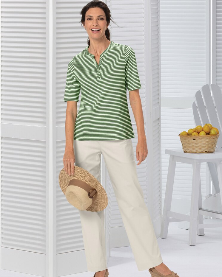 Striped Elbow-Sleeve Notch-Neck Henley image number 2