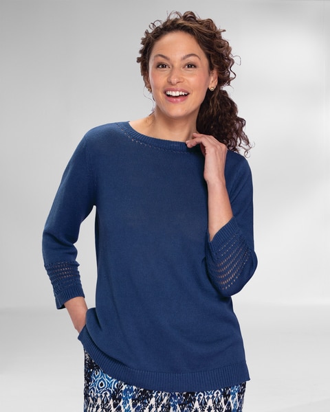 Linen/Cotton Crochet-Trim Pullover