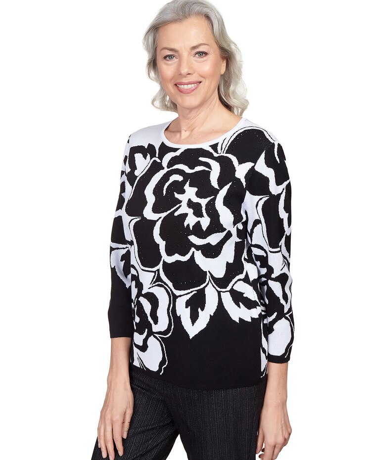 Alfred Dunner® World Traveler Drama Floral Jacquard Crew Neck Sweater image number 3
