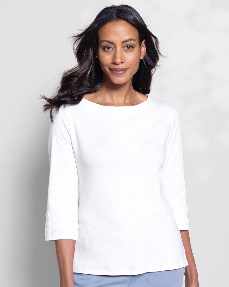 Coastal Cotton Three-Quarter-Sleeve Solid Bateau-Neck Tee image number 1