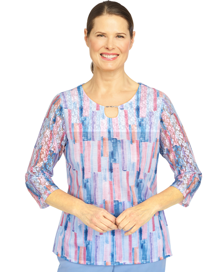 Alfred Dunner® Short and Sweet Brushstroke Lace Sleeve Top image number 1
