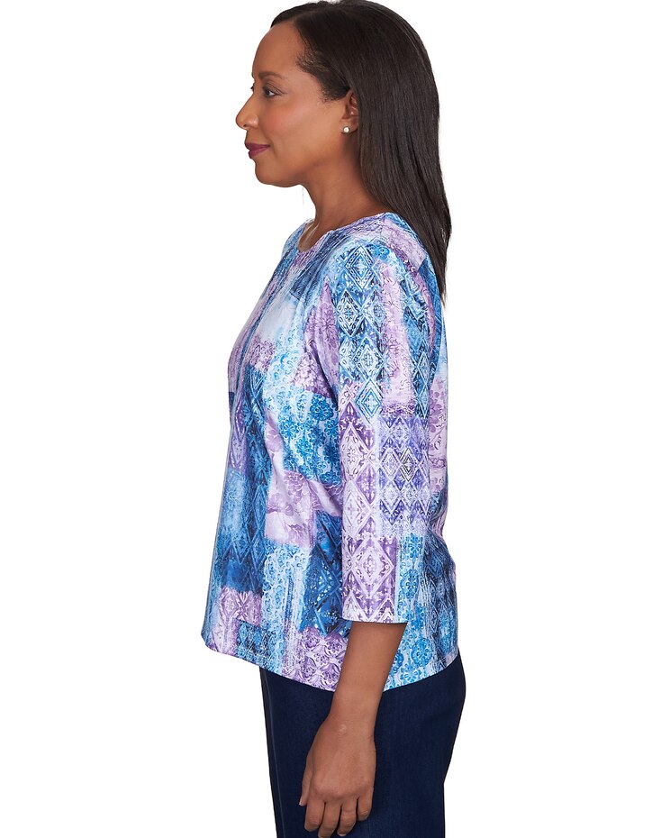Alfred Dunner® Lavender Fields Patchwork Lace Neck Top image number 4