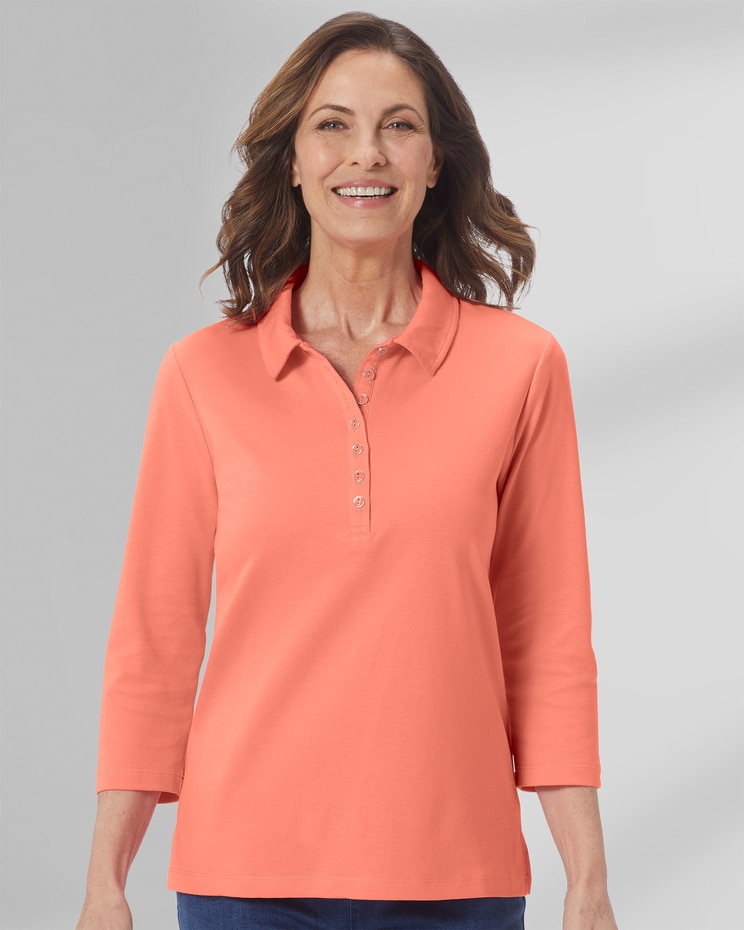 Essential Cotton Solid Three-Quarter-Sleeve Polo image number 1