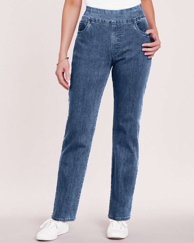 DenimEase Flat-Waist Pull-On Jeans image number 1
