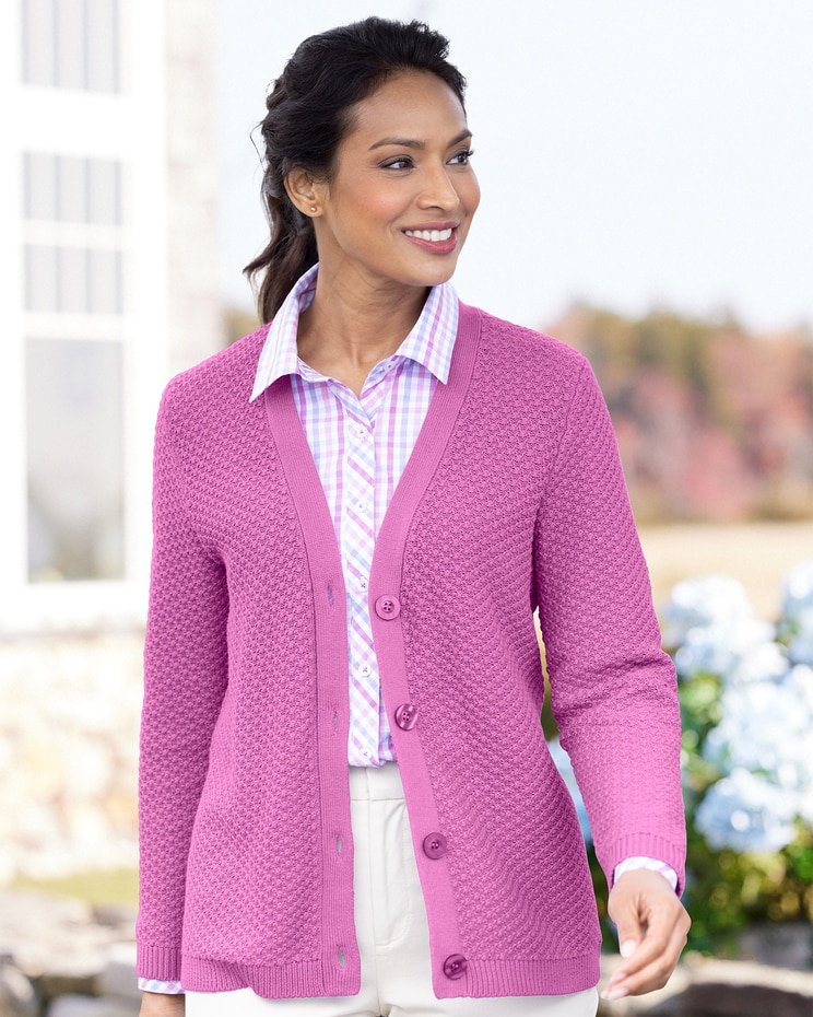 Cotton Tuckstitch V-Neck Cardigan image number 1