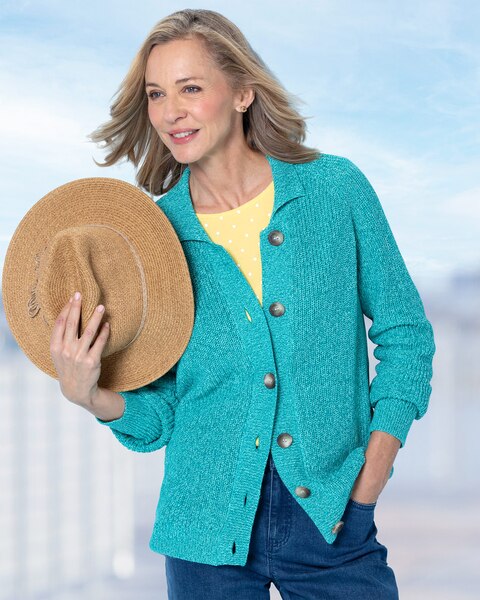 Shaker-Stitch Rib-Collar Cardigan