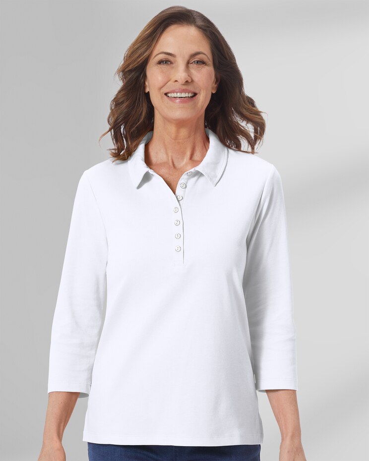 Essential Cotton Solid Three-Quarter-Sleeve Polo image number 1