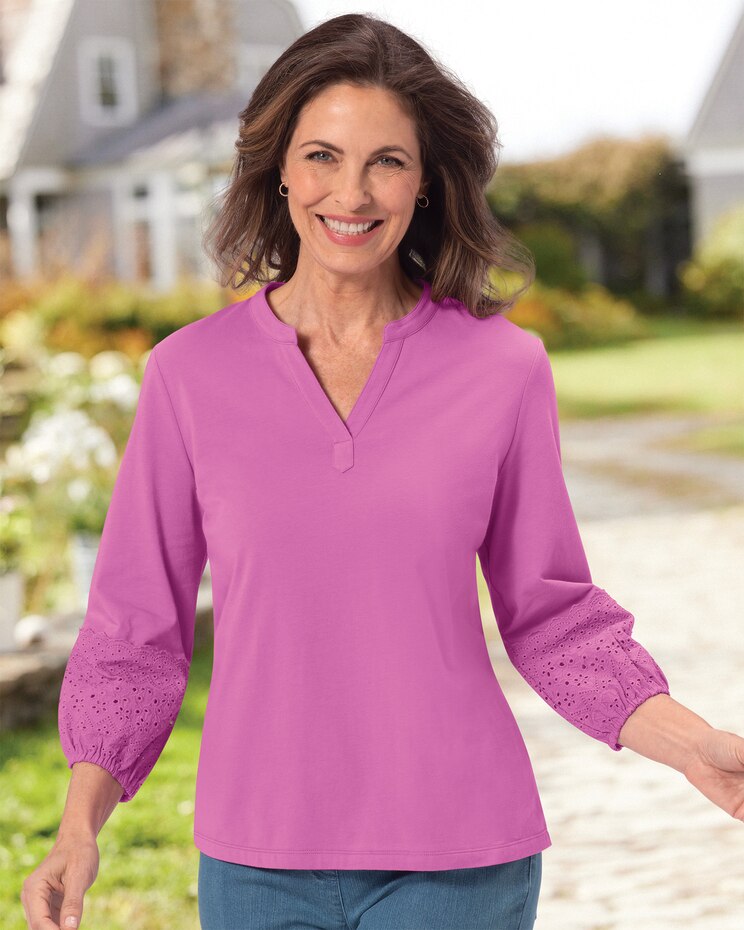 Eyelet-Trim Luxe Jersey Split-Neck Tee image number 1