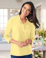 Three-Quarter Sleeve Prima™ Cotton Solid Ruffle-Neck Tee thumbnail number 1