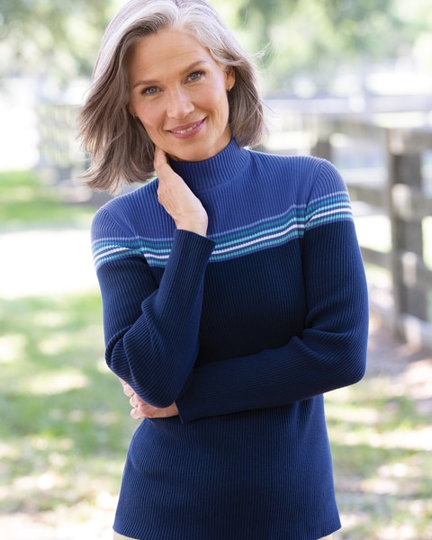 Ribbed Cotton Striped-Yoke Mockneck