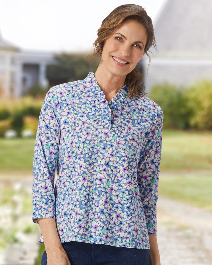 Spring Floral-Print Ruffle-Neck Tee image number 1