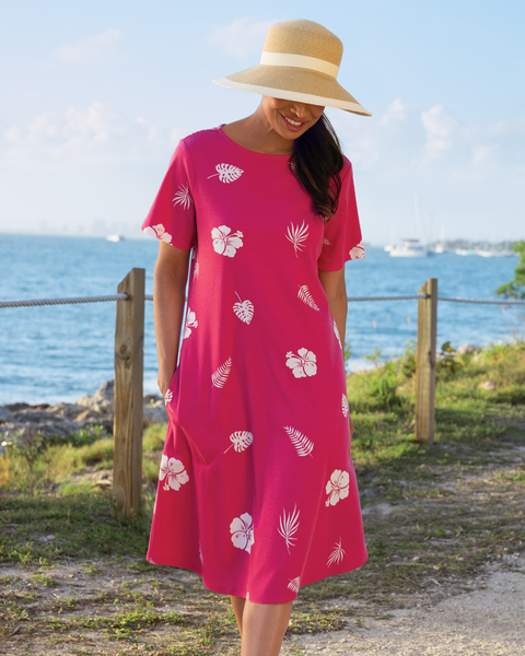 Hibiscus-Print Boardwalk Knit A-Line Dress
