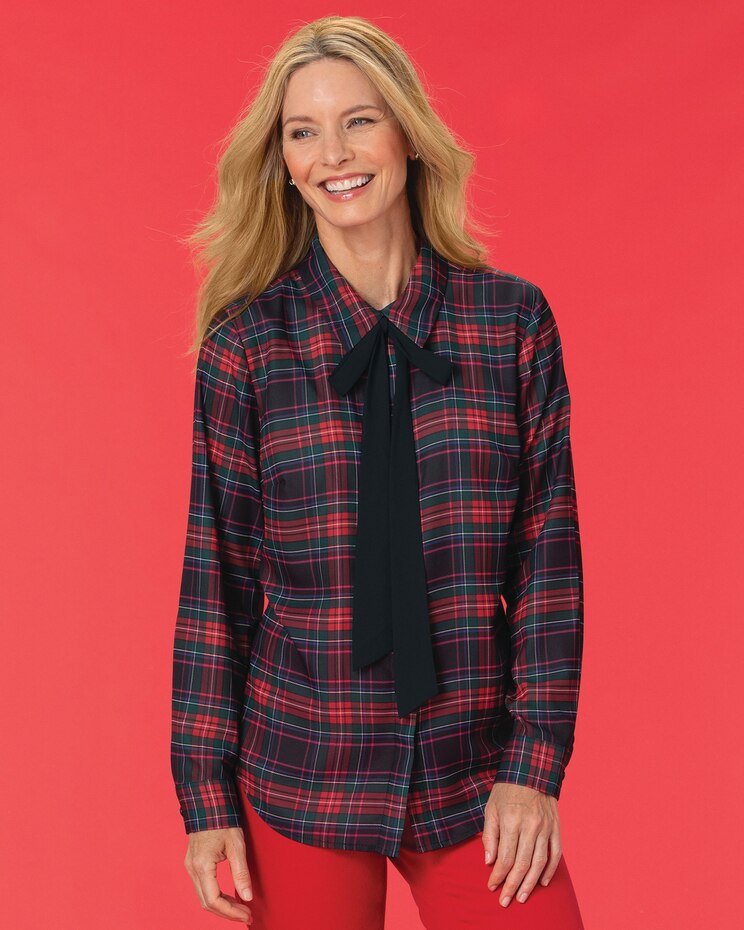 Tie-Neck Tartan Blouse image number 1