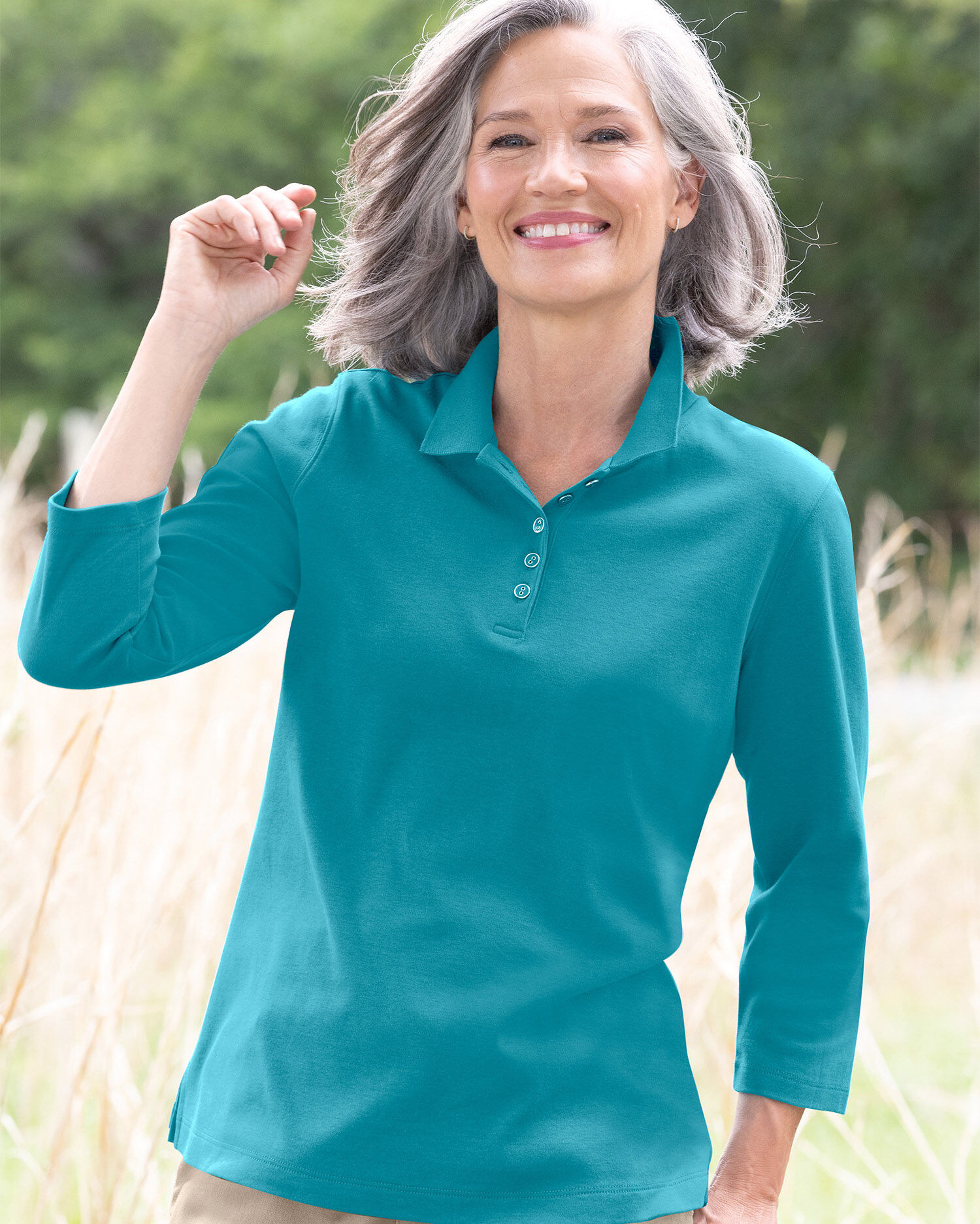Women's three quarter sleeve polo shirts online
