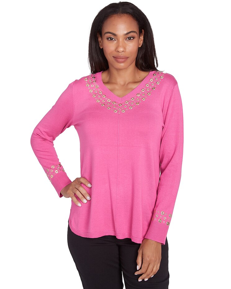 Ruby Rd® Berry Glam Emb Vneck Pullover Sweater image number 1