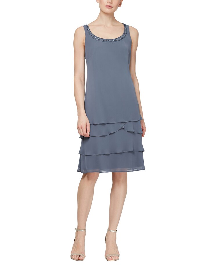 S.L. Fashions Lace Shoulder Beaded Tiered Dress image number 8