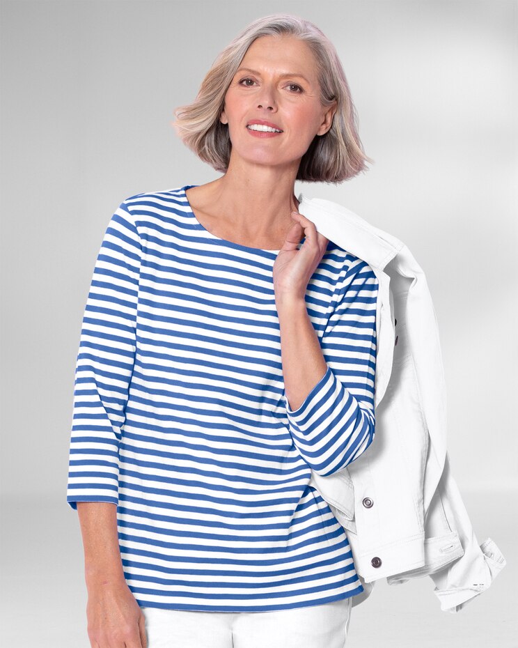 Essential Cotton Striped Three-Quarter-Sleeve Tee image number 1