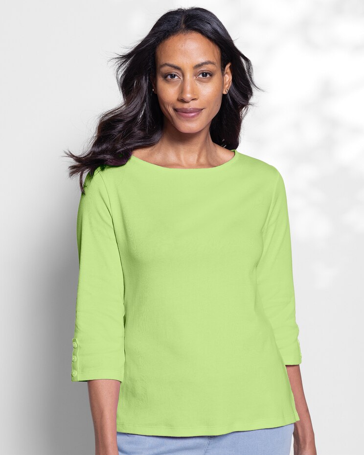 Coastal Cotton Three-Quarter-Sleeve Solid Bateau-Neck Tee image number 1