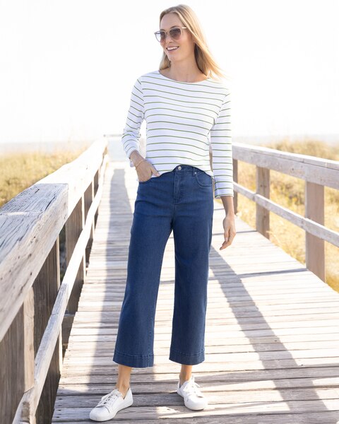 Coastal Cotton Striped Bateau-Neck Tee & DreamFlex Denim Wide-Leg Cropped Jeans