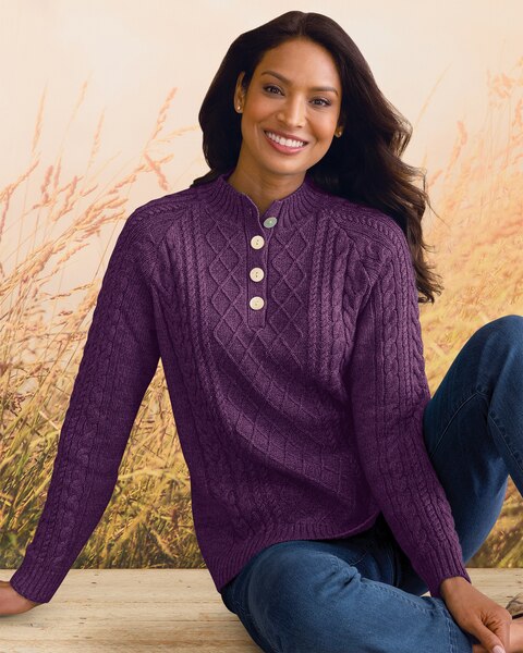 Cotton Cable Mock-Neck Henley Sweater