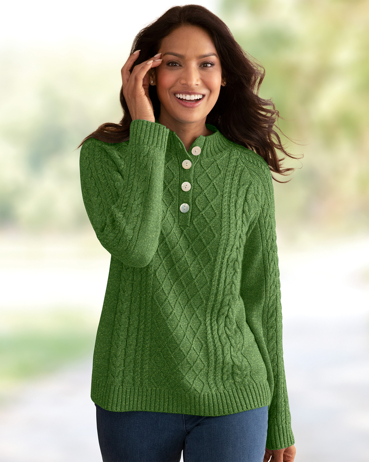 Cotton Cable Mock-Neck Henley Sweater image number 1