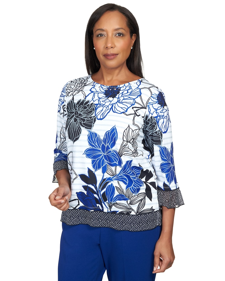 Alfred Dunner® Downtown Vibe Geo Trim Floral Stripe Top image number 3