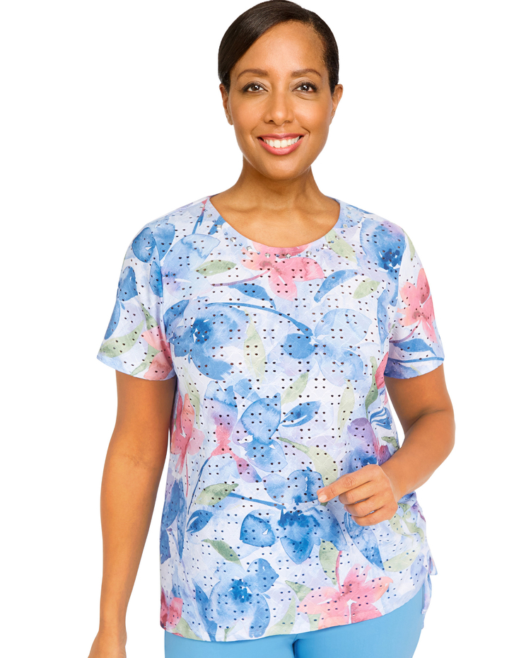 Alfred Dunner® Short and Sweet Floral Watercolor Eyelet Top image number 1