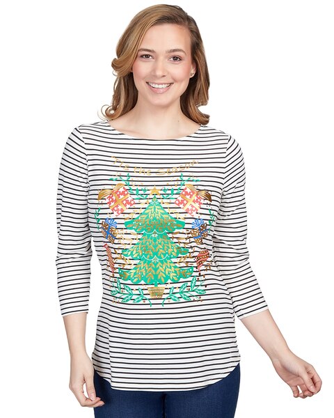 Ruby Rd® Shiny Christmas Tree Striped Three-Quarter Sleeve Tee