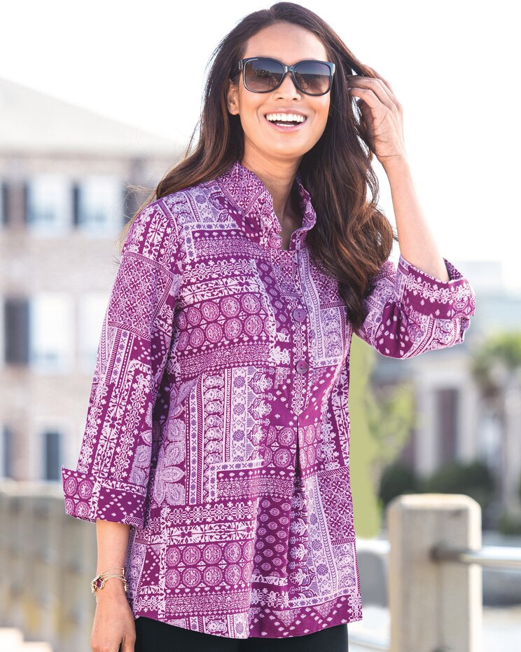 Patchwork-Print Ruffle-Collar Tunic image number 1
