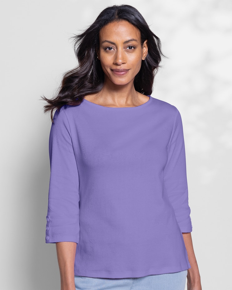 Coastal Cotton Three-Quarter-Sleeve Solid Bateau-Neck Tee image number 1