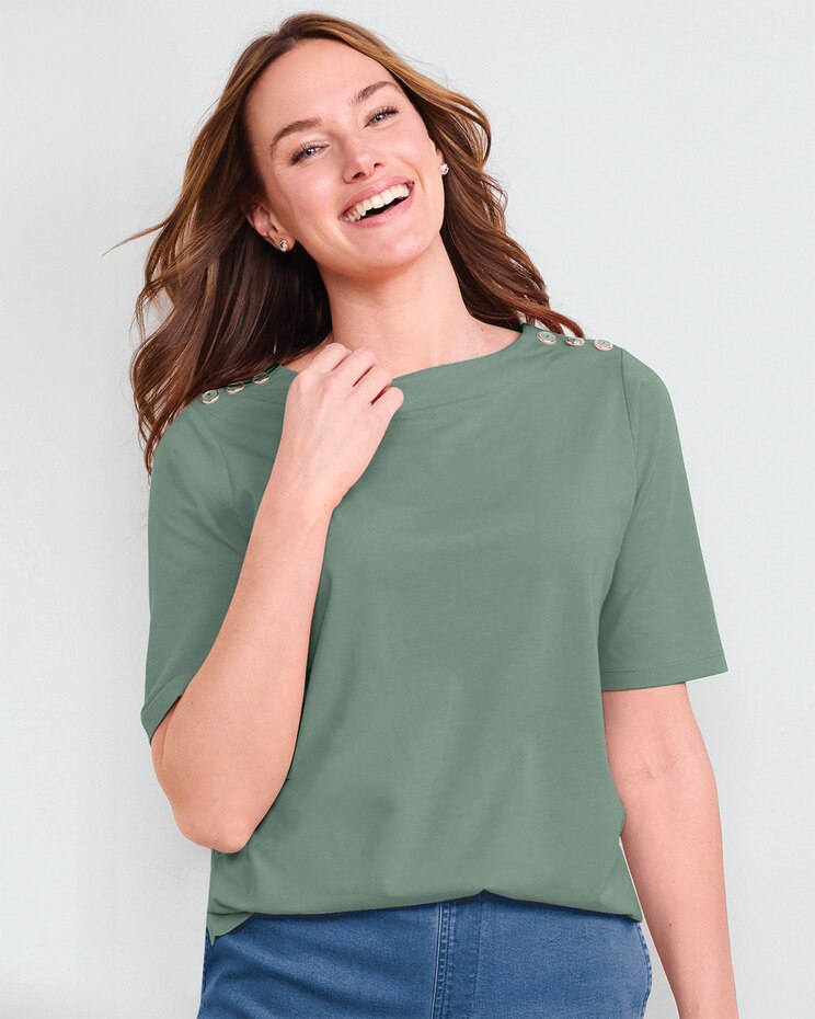 Prima™ Cotton Solid Button-Trim Bateau Tee image number 1