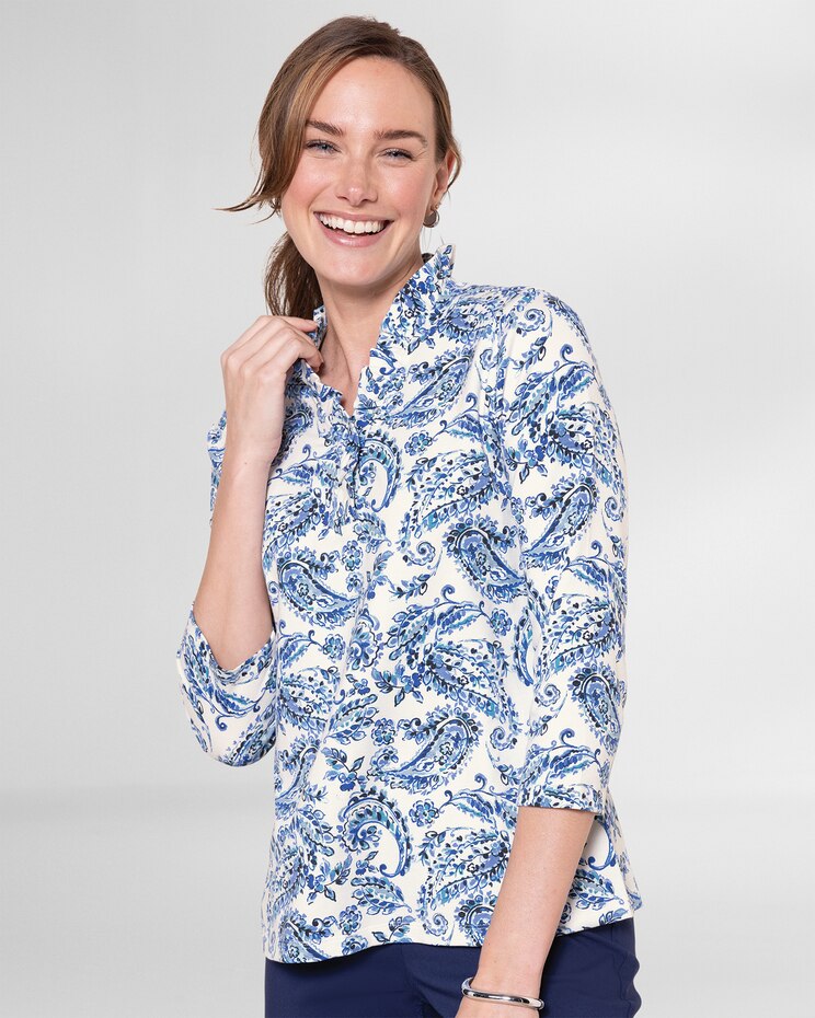 Prima™ Cotton Paisley Print Ruffle-Neck Tee image number 1