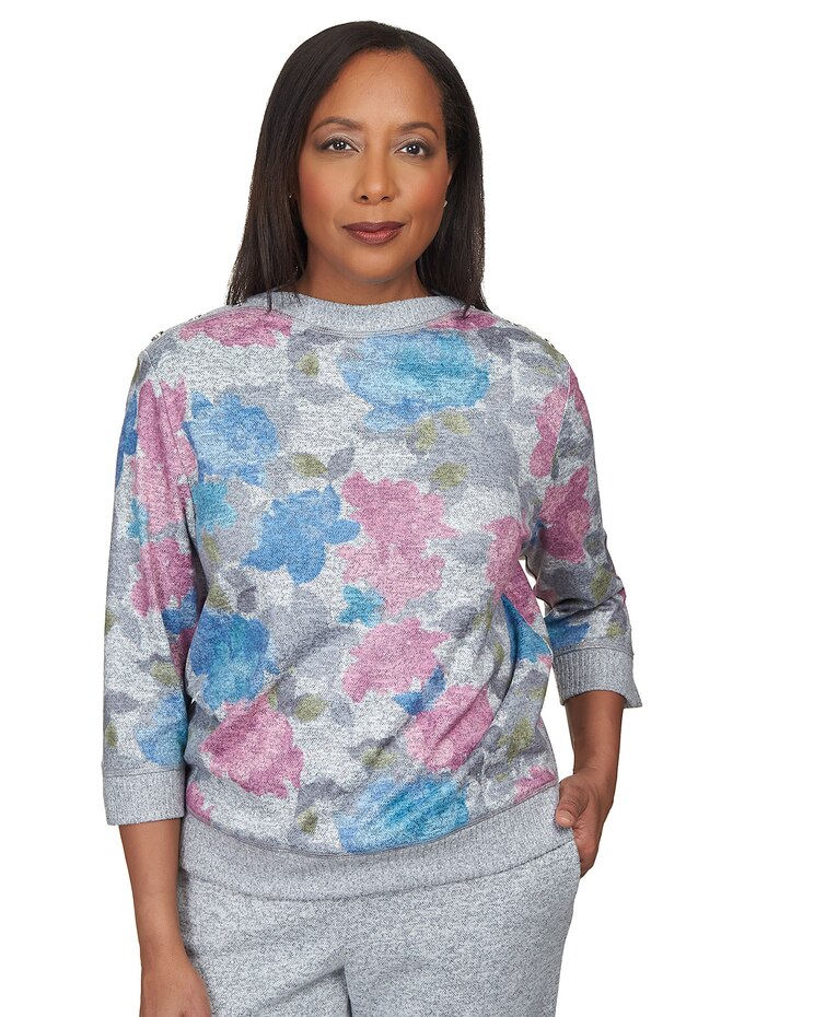 Alfred Dunner® Comfort Zone Shadow Floral Bordered Top image number 1