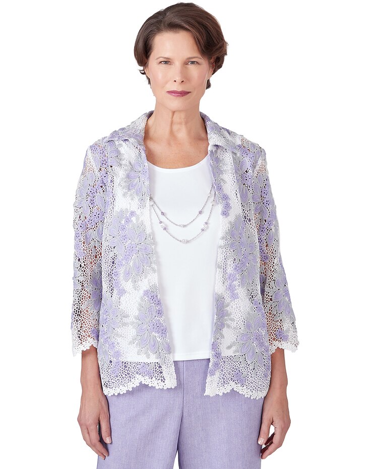 Alfred Dunner® Isn't It Romantic Collared Floral Lace Two In One Top with Necklace image number 1