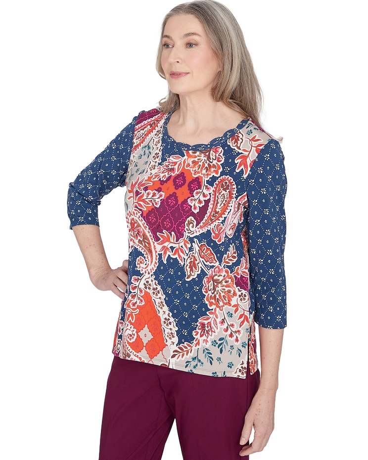 Alfred Dunner® Classics Paisley Patchwork Knotted Crew Neck Top image number 3