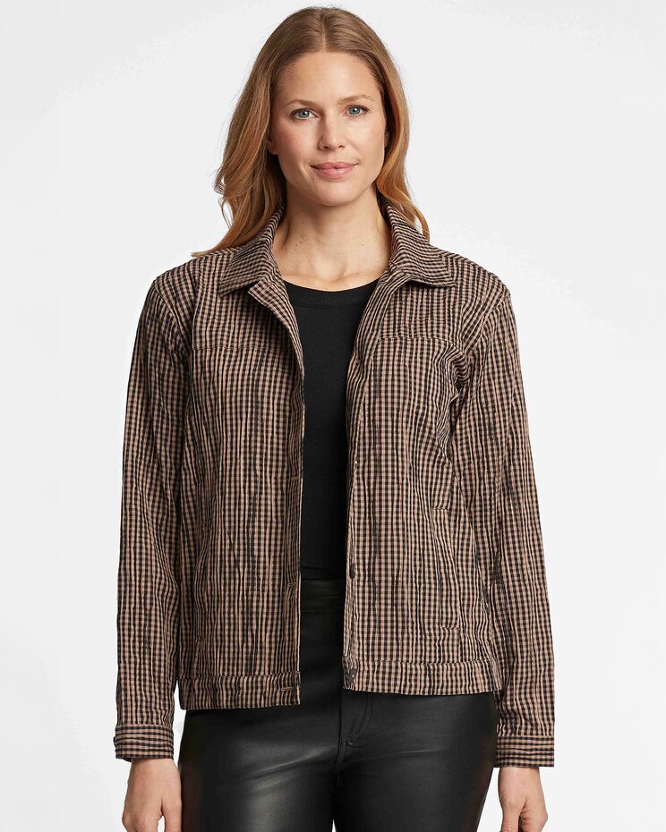 Foxcroft Thelma Mini Gigham Crinkle Jean Jacket image number 1