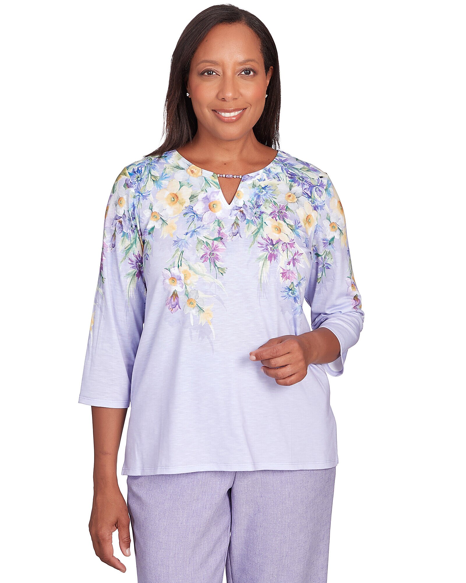 Alfred Dunner Isn t It Romantic Spring Flower Split Neck Top