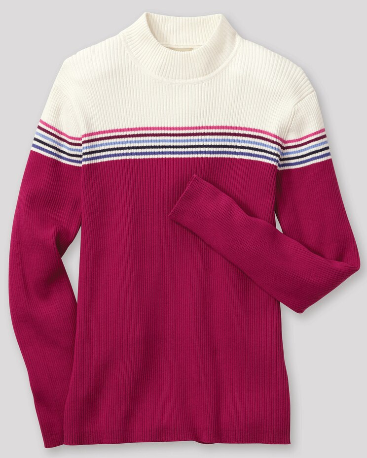 Ribbed Cotton Striped-Yoke Mockneck image number 2