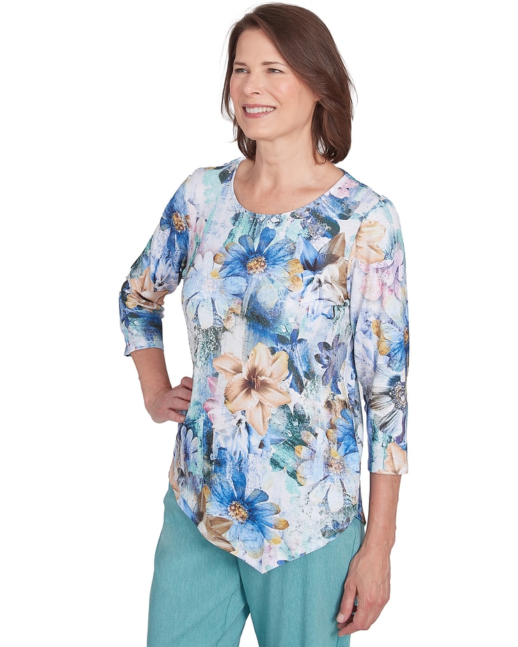 Alfred Dunner® Lake Victoria Asymmetrical Hem Watercolor Floral Print Tee image number 3