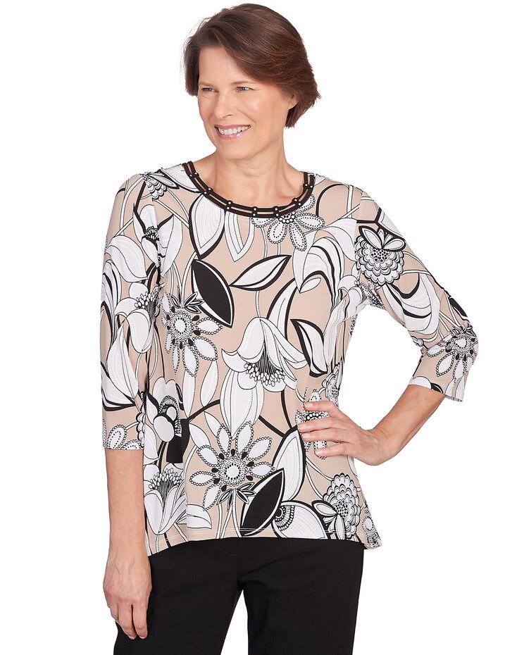 Alfred Dunner® Neutral Territory Floral Linework Sharkbite Hem Top image number 1