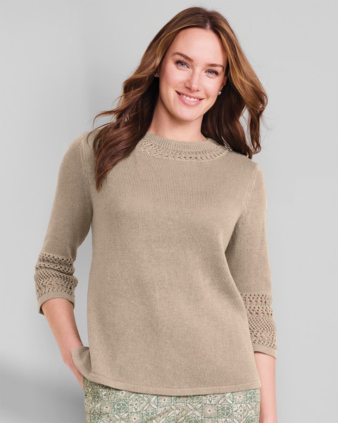Linen/Cotton Crochet-Trim Pullover 