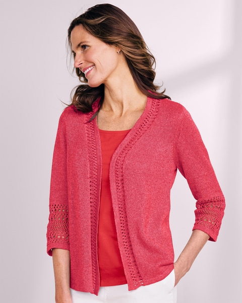 Linen/Cotton Crochet-Trim Cardigan 